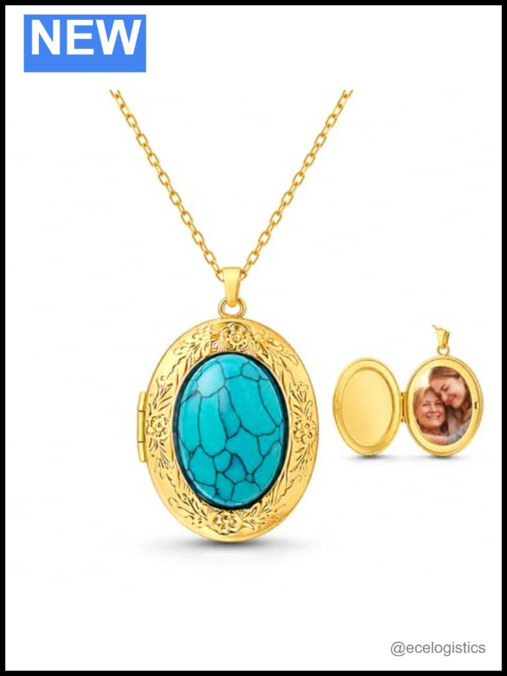 Turquoise Photo Locket Necklace 14K Gold Plated Adjustable 18.5in Gift for Mom
